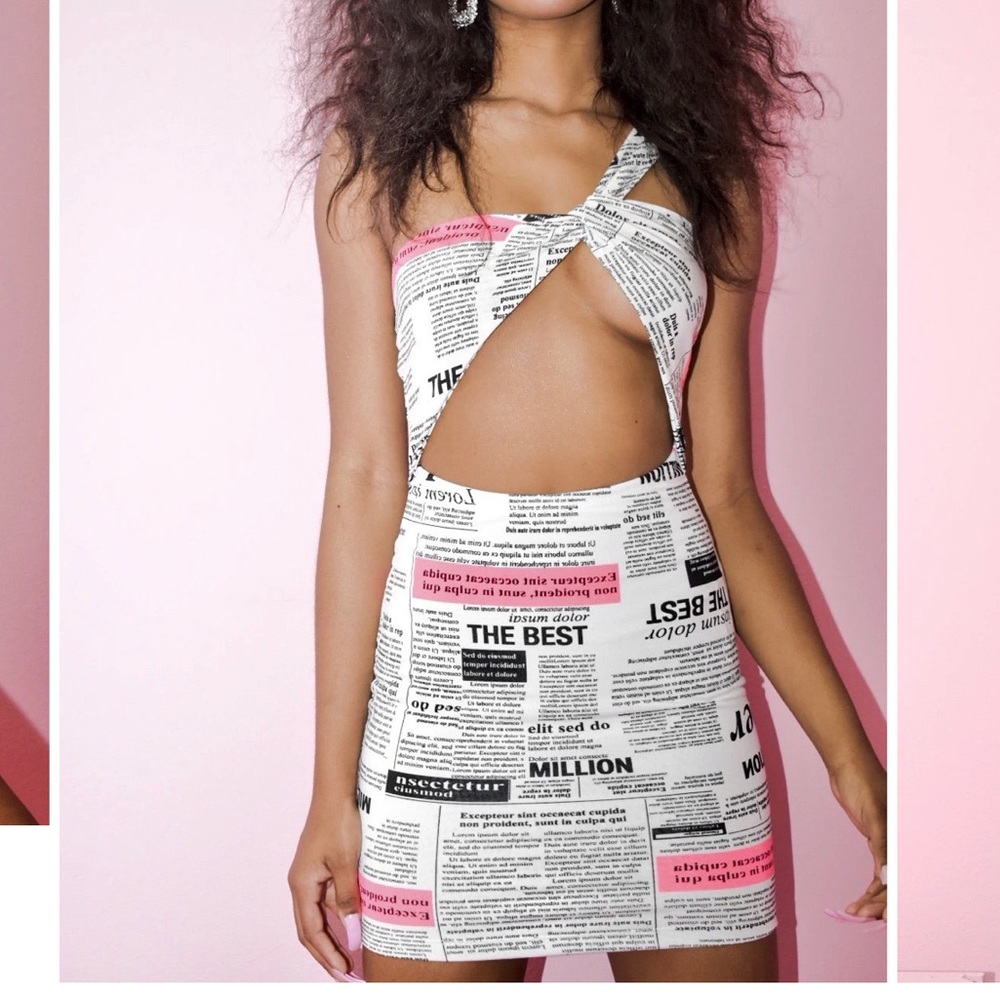 Newspaper Print Asymmetrical Cut Out Bodycon Dress